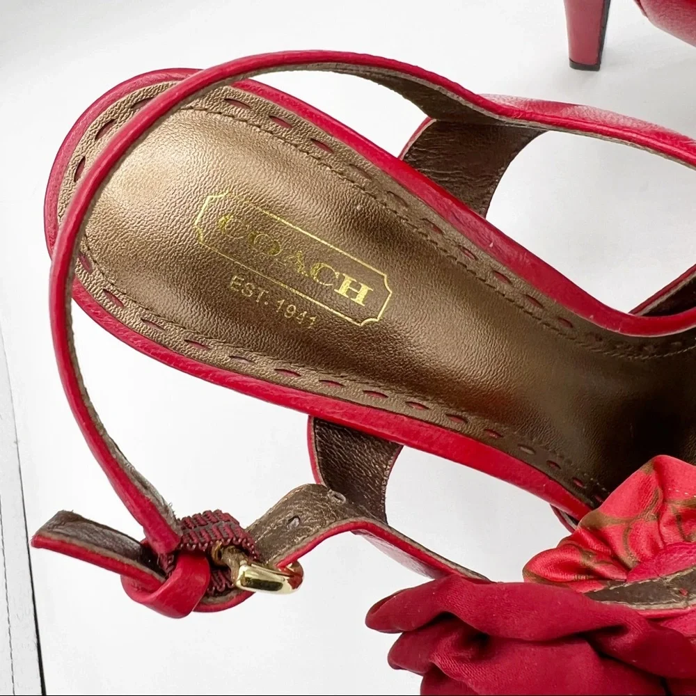 Coach Addysen Red Leather & Silk Rosette Heeled Peep Toe Shoes, Size 9.5B (Med)